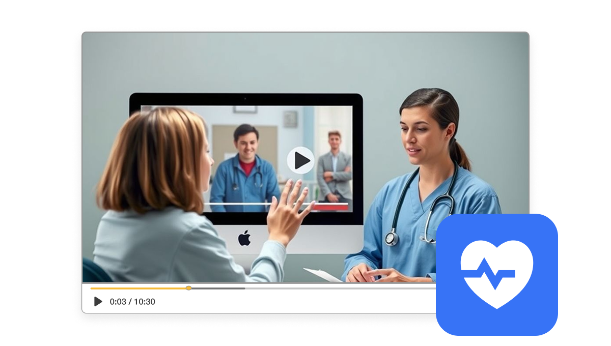 Healthcare video creator used to explain medical topics with visual clarity, showing a doctor and stethoscope in a training video.